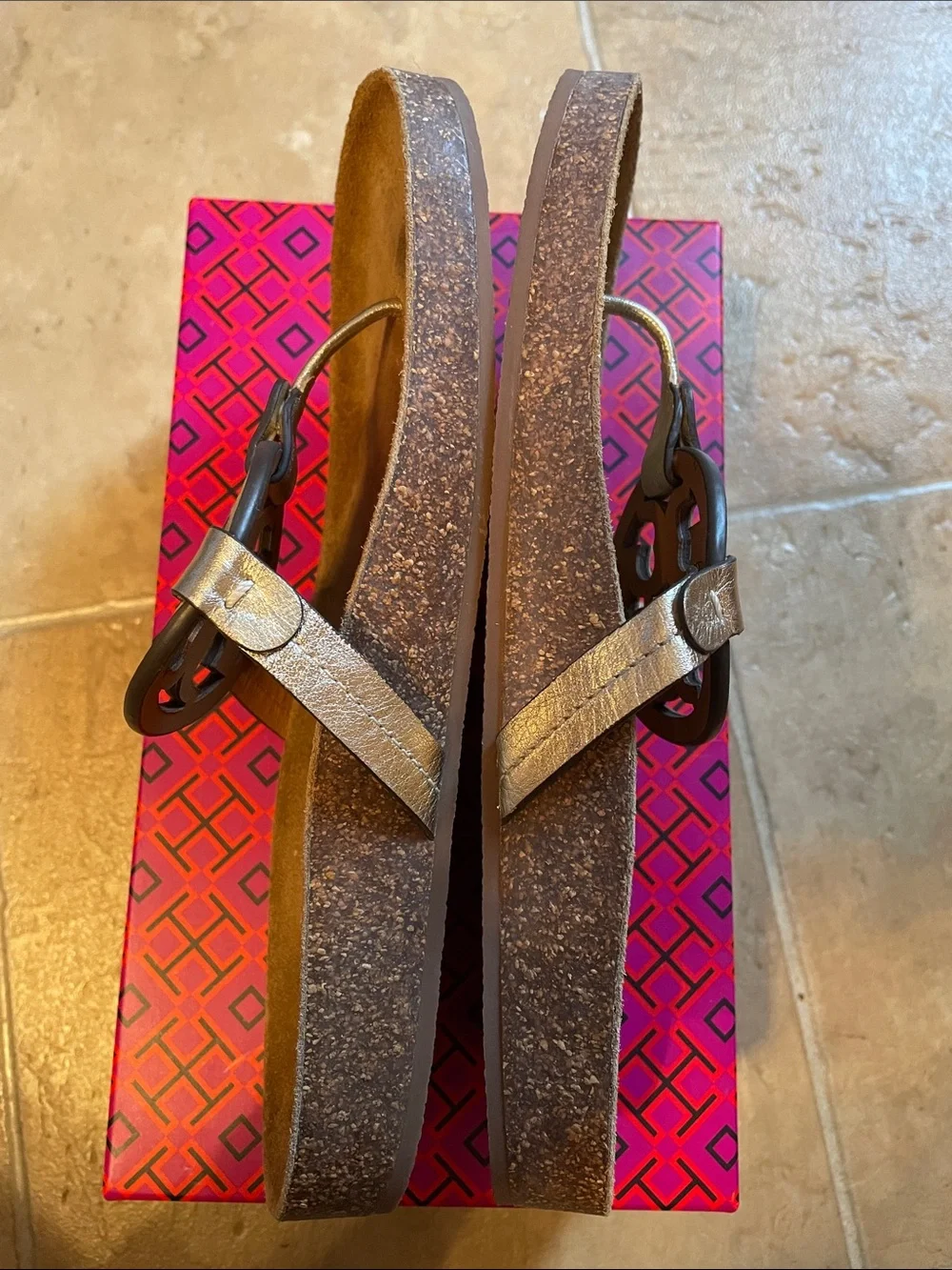 Tory Burch Brown Footbed Sandal with Silver Logo Medallion